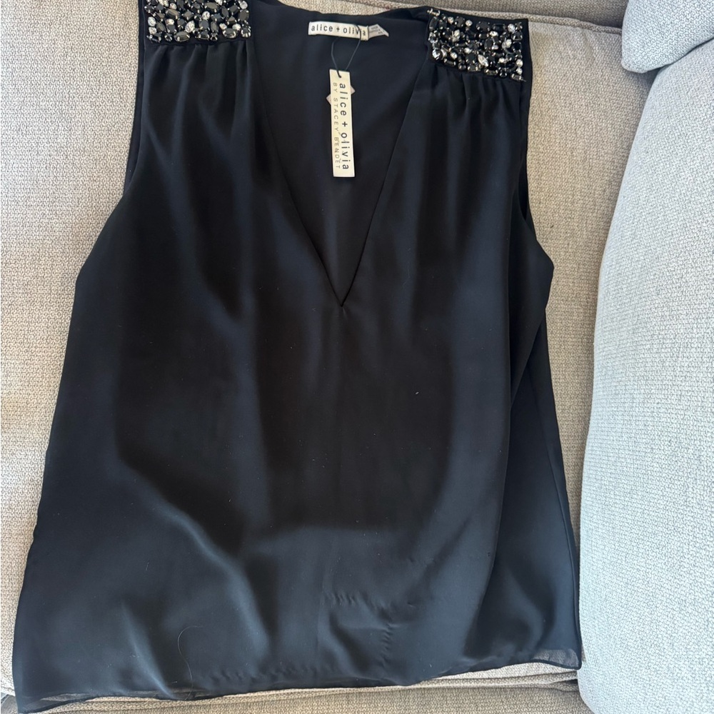 Alice + Olivia Black Sleeveless Blouse with Embellished Shoulders